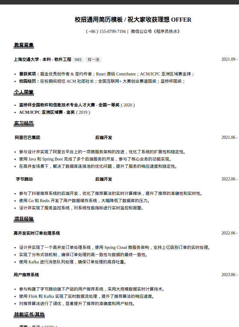 互联网程序员通用简历模板预览图