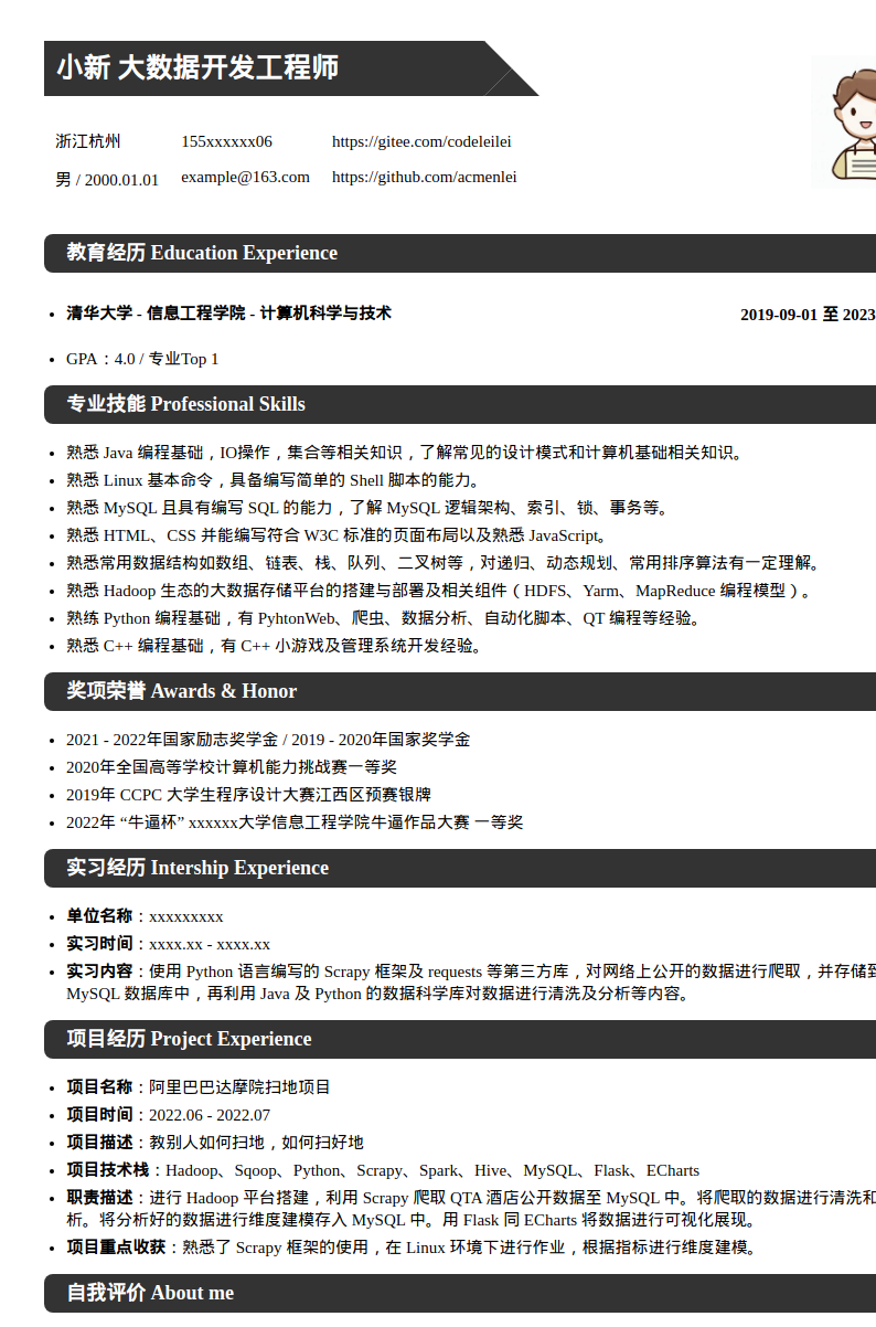 应届大数据开发工程师简历模板预览图