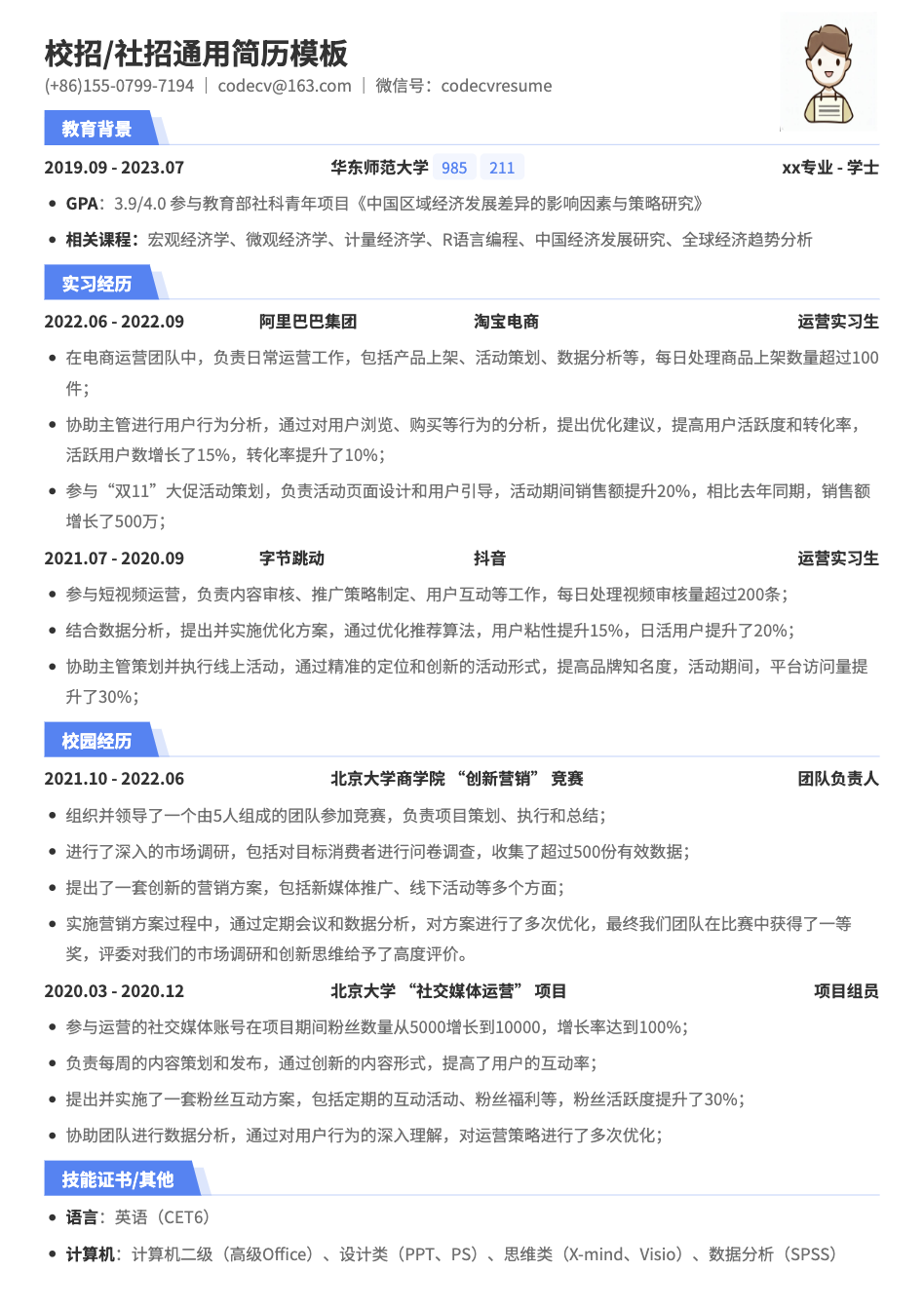 新媒体运营通用简历模板预览