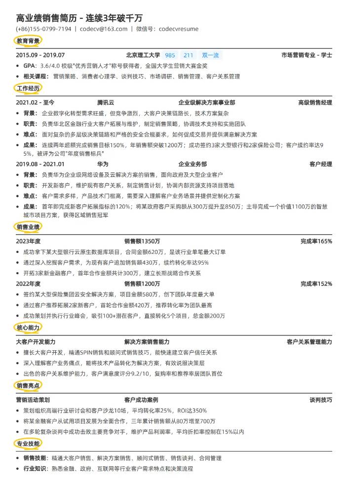 高业绩销售简历模板