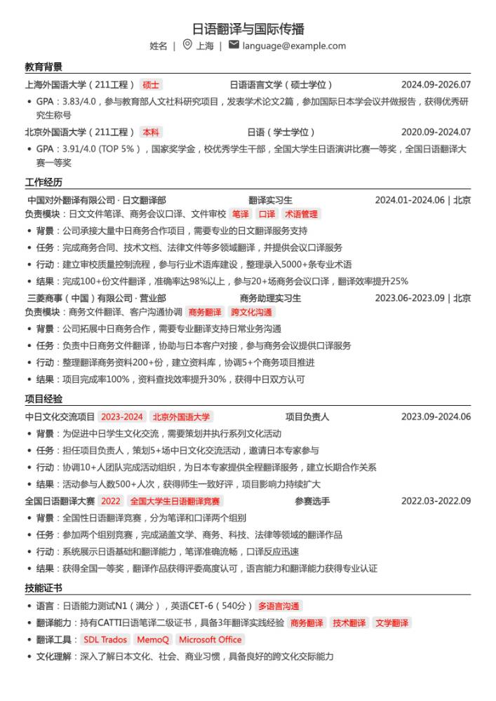 日语翻译简历模板