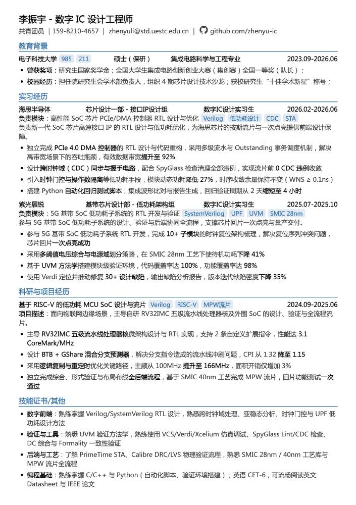 数字IC设计工程师简历模板